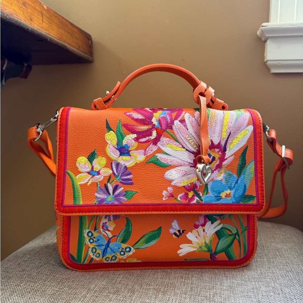 Brighton Floral Embroidered Orange Leather Crossbody Top Handle Bag